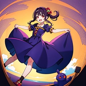 (masterpiece), high quality, 10 year old girl, solo, anime style, long hair, dark purple hair, happy look, purple villager dress, red eyes with some yellow, purple aura