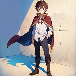 (masterpiece), high quality, 10 year old boy, solo, anime style, short hair, dark brown hair, calm look, smiling, white villager shirt, gray sleeves, red cape with white, black pants, brown boots, brown eyes dark, standing,SHADOW