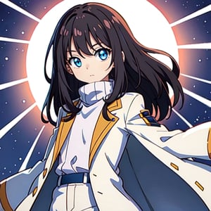 (masterpiece), high quality, 8 year old girl, solo, anime style, long hair, dark brown hair, peaceful look, only white clothes, solo white, plain white coat, plain white turtleneck trench coat, plain white pants,  blue eyes,  glowing eyes, yellow aura