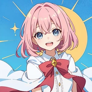 (masterpiece), high quality, 10 year old girl, solo, anime style, medium hair without cap, pink hair, happy look, white dress without details, pink cape, blue eyes, pink aura.