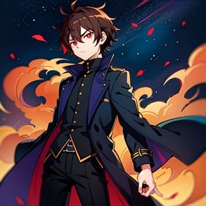 (masterpiece), high quality, 10 year old boy, solo, anime style, short hair, dark brown hair,  serious look, black coat, high-neck trench coat, black pants, red eyes, glowing eyes, red aura.