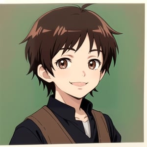 Little boy, dark brown hair, dark brown eyes, smiling slightly, medieval clothing, anime style.