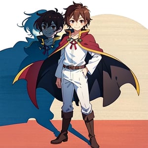 (masterpiece), high quality, 10 year old boy, solo, anime style, short hair, dark brown hair, calm look, smiling, white villager shirt, gray sleeves, red cape with white, black pants, brown boots, brown eyes dark, standing,SHADOW