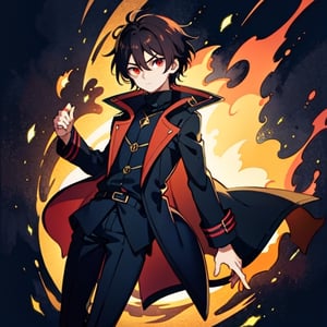 10 year old boy, alone, anime style, short hair, hair between eyes, dark brown hair, serious look, black coat, black turtleneck trench coat, black pants, white skin, red eyes, bright eyes, red aura, primary color black, secondary color red