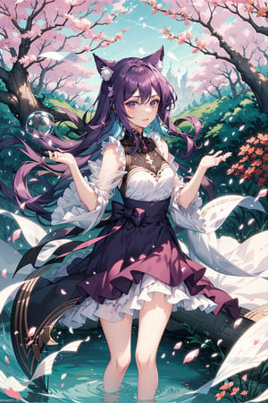 long fluffy purple dress, lilac hair, flowing attire, shimmering purple eyes,   solo,nature background, kemonomimi,  perfect anatomy, modest outfit, layered dress, happy expression, colourful dress, water splash, cherry blossom forest, water bubbles