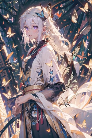 1 girl, solo, (long white hair), sparkling purple eyes, detailed eyes, white silk hanfu, iridescent silk, outdoor background, open clothes, loose clothes, butterfly hairpiece, barefeet, botanic garden, blushing, soft expression, nature, picturesque, ancient chinese robe , standing, butterflies, soft expression , clear eyes, butterflies, bright eyes, detailed eyes, (close-up),butterfly, butterfly_wings,High detailed ,fantasy00d,More Detail, short robe, ((butterfly swarm)), glowing wings, close_up, shiny white robe,Chinese style, white hair, woman in her 30s