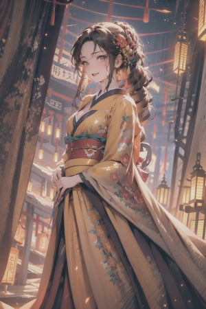 1 girl, colourful kimono, lantern pathway, torii, starry sky, from below, yellow obi, floral kimono, bright clothes, glowing lanterns, jewelery, modest cleavage, happy expression, brown hair, glowing flowers in hair, raindrops, glittering raindrops