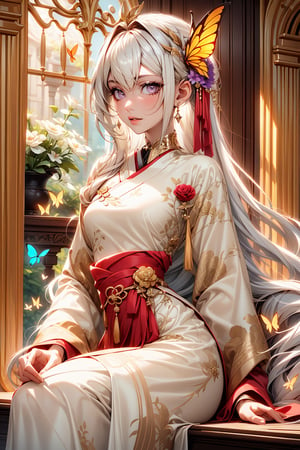 1 girl, solo, long white hair, shiny purple eyes, detailed eyes, blink and youll miss it detail, silk hanfu, white robe hanfu, purple glittering butterflies, ancient flower garden, sitting, high quality, ancient chinese hanfu, vibrant background, very detailed, vibrant butterfies , ,iridescent clothing, butterfly hairpiece ,perfect light