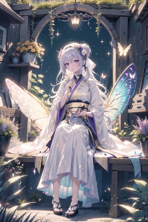 1 girl, solo, long white hair on girl, shiny purple eyes, detailed eyes, blink and youll miss it detail, silk hanfu, white robe hanfu, purple glittering butterflies, ancient flower garden, sitting, high quality, ancient chinese hanfu, very detailed, vibrant butterfies , ,iridescent clothing, butterfly hairpiece ,perfect light, holding 2 black rabbits, surrounded by tall grass, lovely ,coloured glaze, rabbit, close up, holding rabbit,  ((black rabbit)), barefeet, 30 year old woman, mature woman, shiny fabric, colourful fabric, fluffy bunny, butterfly wings