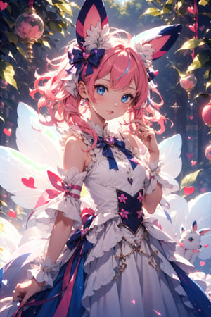 sylveon, human, pink hair, ribbons, fairy-like appearance, long pink hair, blue eyes, frilly outfit, hearts, white dress,coloured glaze,fairy