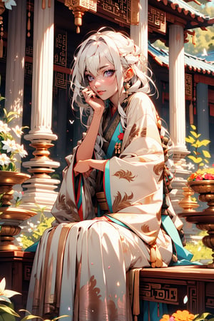 1 girl, solo, long white hair, shiny purple eyes, detailed eyes, blink and youll miss it detail, silk hanfu, white robe hanfu, purple glittering butterflies, outdoors, flower garden, sitting, high quality, ancient chinese hanfu, vibrant background, very detailed, vibrant butterfies , ,iridescent clothing,ouka_studio,perfect light, softer lines, perfect hands, soft lighting,Niji style , ((white hair)), very long hair