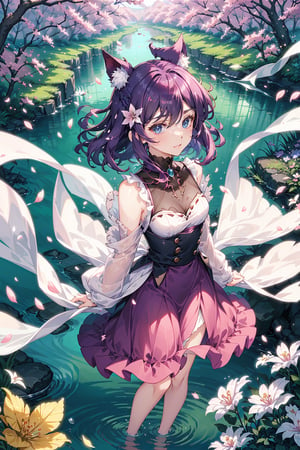 long fluffy purple dress, lilac hair, flowing attire, shimmering purple eyes,   solo,nature background, kemonomimi,  perfect anatomy, modest outfit, layered dress, happy expression, colourful dress, water splash, cherry blossom forest, water bubbles, sparkling sunshine, ((pink and purple hair)), perfect hands