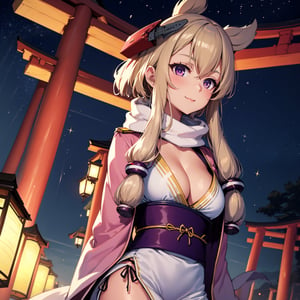 1 girl, colourful kimono, lantern pathway, torii, starry sky, from below, yellow obi, floral kimono, bright clothes, glowing lanterns, jewelery, modest cleavage, happy expression, brown hair, glowing flowers in hair, raindrops, glittering raindrops,warspite