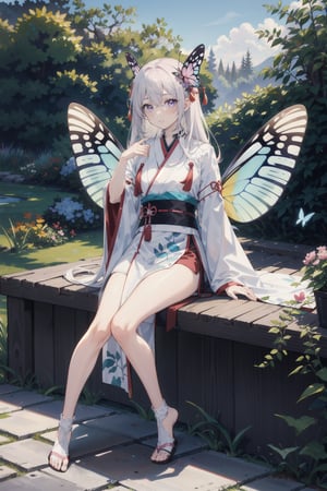 1 girl, long white hair, sparkling purple eyes, detailed eyes, (bright pink silk hanfu, iridescent silk), outdoor background, open clothes, loose clothes, butterfly hairpiece, barefeet, botanic garden, blushing, soft expression, nature, picturesque, ancient chinese robe , standing, butterflies, smiling, clear eyes, butterflies, bright eyes, detailed eyes, (close-up), sitting, garden, two butterfly wings, colourful butterfly wings, white hair, pink hanfu