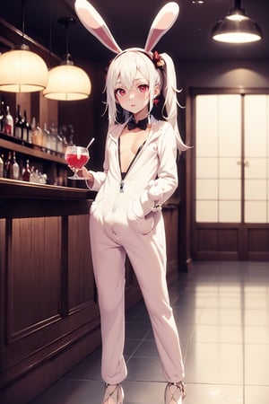1 girl, solo, long hair, detailed eyes, bar background, blushing, soft expression, standing, blushing, clear eyes, bright eyes, detailed eyes, perfect light,hime style, aalaffey, high heels, disco flooring, spoltlight,animal ears, bunny outfit, blue bunnysuit, pig tails, small breasts, perfect anatomy, holding tray of drinks, bar, wavy pigtails, fluffy hair, perfect hands, onesie, bunny tail