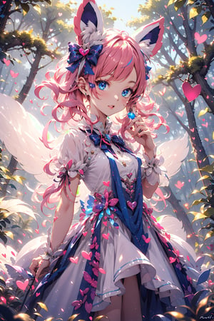 sylveon, human, pink hair, ribbons, fairy-like appearance, long pink hair, blue eyes, frilly outfit, hearts, white dress,coloured glaze,fairy, daytime, forest background, wide angle