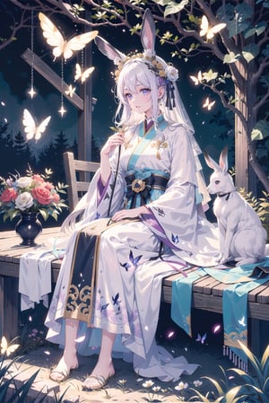 1 girl, solo, long white hair, shiny purple eyes, detailed eyes, blink and youll miss it detail, silk hanfu, white robe hanfu, purple glittering butterflies, ancient flower garden, sitting, high quality, ancient chinese hanfu, vibrant background, very detailed, vibrant butterfies , ,iridescent clothing, butterfly hairpiece ,perfect light, holding 2 black rabbits, surrounded by tall grass, lovely ,coloured glaze, rabbit_(species), close up, holding rabbit,  black rabbit, barefeet, black fur, black fur rabbits, 30 year old woman, mature woman