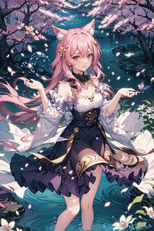 long fluffy purple dress, lilac hair, flowing attire, shimmering purple eyes,   solo,nature background, kemonomimi,  perfect anatomy, modest outfit, layered dress, happy expression, colourful dress, water splash, cherry blossom forest, water bubbles, sparkling sunshine