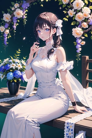 masterpiece, best quality, 1 girl, flowers, floral background, nature, pose, perfect hands, modern outfit, detailed, sparkling, sitting, lace detail, long hair, ultra detailed, ultra detailed face, clear eyes, good lighting,, perfect anatomy, stylish white outfit, different hairstyles, hair ribbons, front view