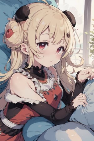 ,perfect,hand,fingers, black and red dress,  panda,  fluffy sleeves,  long sleeves,  long hair,  twin buns,  shiny skin,  loose dress,  laying,  plush pillows,  happy,  dreamy,  pastel,  flower detail,  bright eyes, 