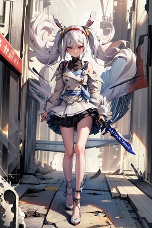 1 girl, solo, long hair, detailed eyes, blushing, soft expression, standing, blushing, clear eyes, bright eyes, detailed eyes, (close-up),High detailed ,perfect light ,aalaffey, high heels, animal ears, perfect hair, floating hair, (splash art), torn clothing,sword in ground, perfect hands, ornate sword, skirt, shoulder pads, rubble, perfect hair