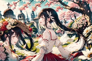 1 girl, shiny hair, loose hair, blushing, hair_ribbons, smiling, shiny eyes, wet skin, surprised expression, detailed, high resolution,aakitasan,very long hair),CarnelianDakimakura, petals flying around, sunlight radiating, sunny day, wide shot, cherry blossom petals, petals in hair, pastel colours, soft colours, black hair, profile, long summer dress, light colored hair, correct anatomy, nature park background, vibrant flowers