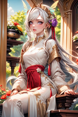 1 girl, solo, long white hair, shiny purple eyes, detailed eyes, blink and youll miss it detail, silk hanfu, white robe hanfu, purple glittering butterflies, ancient flower garden, sitting, high quality, ancient chinese hanfu, vibrant background, very detailed, vibrant butterfies , ,iridescent clothing, butterfly hairpiece ,perfect light