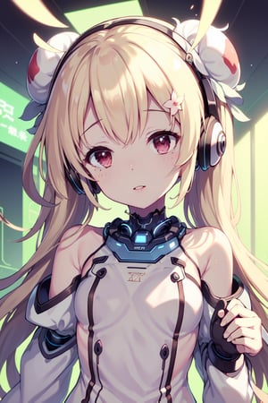 ,perfect,hand,fingers, cyber dress,  puffy sleeves,  long sleeves,  long hair,  twin buns,  shiny skin,  loose hair,    happy,  dreamy,  pastel,  flower detail,  bright eyes, no sleeves, helmet, cyber theme, detailed,hackedtech, headphones