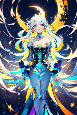 loose blouse, frilly, ruffles, golden hair pins, sparkling eyes, (floating_hair), white hair, light hair, moon in background, moonlight, glowing moon, quarter moon, flowing dress, white frilly dress, frilly collar, sparkling stars, long hair