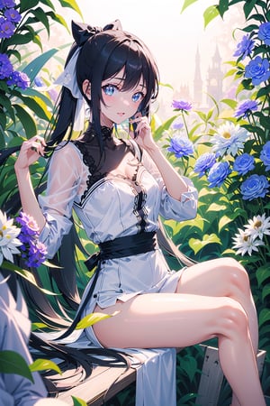 masterpiece, best quality, 1 girl, flowers, floral background, nature, pose, perfect hands, modern outfit, detailed, sparkling, sitting, lace detail, long hair, ultra detailed, ultra detailed face, clear eyes, good lighting,, perfect anatomy, stylish white outfit, different hairstyles, hair ribbons, front view