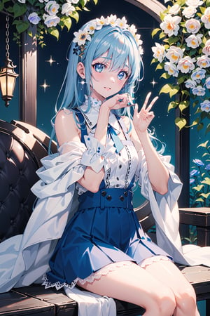 masterpiece, best quality, 1 girl, flowers, floral background, nature, pose, perfect hands, modern outfit, detailed, sparkling, sitting, lace detail, long hair, ultra detailed, ultra detailed face, clear eyes, good lighting, pale blue hair, blue eyes, lace hairpiece, perfect hands, smaller hands