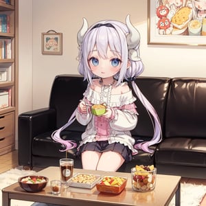 loose hair, casual clothes, short skirt, wavy twin tails, flying hair, oversized shirt blushing, detailed, complex bg, off the shoulder blouse, sparkling eyes, natural makeup, lounge, front view, smiling,colorfulmix,multicolored hair,wavy hair, double bun, twintails,parted bangs,Kanna Kamui, on sofa, bored expression, little white horns, console controller, food on coffee table, eating snacks