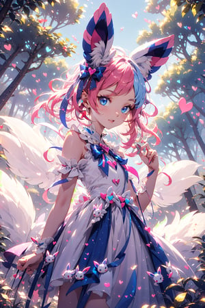 sylveon, human, pink hair, ribbons, fairy-like appearance, long pink hair, blue eyes, frilly outfit, hearts, white dress,coloured glaze,fairy, daytime, forest background, wide angle, small sylveon on shoulder