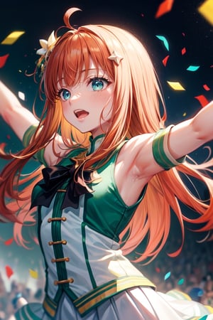 1 girl, arms raised, confetti, confetti falling, sweating, green and white outfit, hair flying, messy hair, happy expression, celebration, colorful