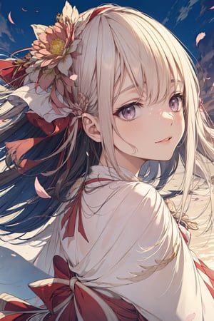 1 girl, shiny hair, loose hair, blushing, hair_ribbons, smiling, shiny eyes, wet skin, surprised expression, detailed, high resolution,umamusume,aakitasan, (shoulder length hair),CarnelianDakimakura, petals flying around, sunrise, sunny day, wide shot, cherry blossom petals, petals in hair, pastel colours, soft colours, from behind, black hair