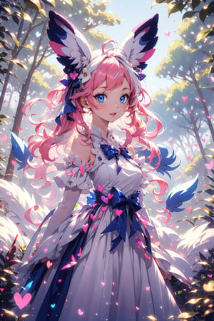 sylveon, human, pink hair, ribbons, fairy-like appearance, long pink hair, blue eyes, frilly outfit, hearts, white dress,coloured glaze,fairy, daytime, forest background, wide angle, sylveon on shoulder, long wavy hair, ribbons, hair ribbons