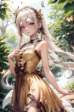 1 girl, solo, long white hair, sparkling purple eyes, detailed eyes, white dress, iridescent silk, outdoor background, open clothes, loose clothes, butterfly hairpiece, barefeet, botanic garden, blushing, soft expression, nature, picturesque , standing, butterflies, smiling, clear eyes, butterflies, bright eyes, detailed eyes, (close-up),butterfly, more butterflies ,High detailed ,fantasy00d,perfect light,Niji style ,hime style,flrl frock, ((no hands in frame))