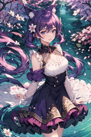 long fluffy purple dress, lilac hair, flowing attire, shimmering purple eyes,   solo,nature background, kemonomimi,  perfect anatomy, modest outfit, layered dress, happy expression, colourful dress, water splash, cherry blossom forest, water bubbles, sparkling sunshine, ((pink and purple hair)), perfect hands, head to shoulders, close up, layered skirt