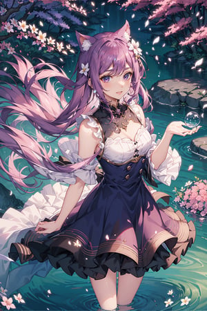 long fluffy purple dress, lilac hair, flowing attire, shimmering purple eyes,   solo,nature background, kemonomimi,  perfect anatomy, modest outfit, layered dress, happy expression, colourful dress, water splash, cherry blossom forest, water bubbles, sparkling sunshine, ((pink and purple hair)), perfect hands
