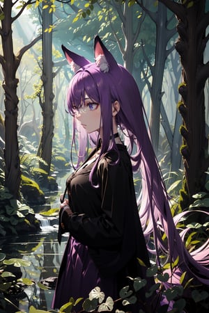 forest, psychic glow, long skirt, open blouse, long purple hair, shiny purple eyes, long fringe hair, long ears, head shot, close up, nature background, river, daylight, sunlight, woods, long purple animal ears, fluffy animal ears