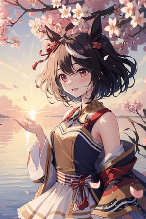 1 girl, shiny hair, loose hair, blushing, hair_ribbons, smiling, shiny eyes, wet skin, surprised expression, detailed, high resolution,umamusume,aakitasan, (shoulder length hair), side view,CarnelianDakimakura, petals flying around, sunrise, sunny day, wide shot, cherry blossom petals, petals in hair, pastel colours, soft colours
