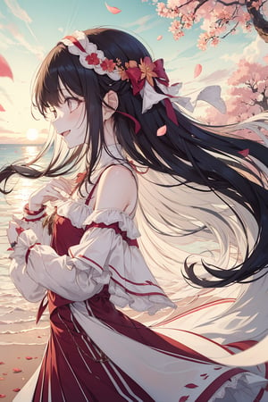 1 girl, shiny hair, loose hair, blushing, hair_ribbons, smiling, shiny eyes, wet skin, surprised expression, detailed, high resolution,umamusume,aakitasan, (shoulder length hair),CarnelianDakimakura, petals flying around, sunrise, sunny day, wide shot, cherry blossom petals, petals in hair, pastel colours, soft colours, black hair, profile, long summer dress