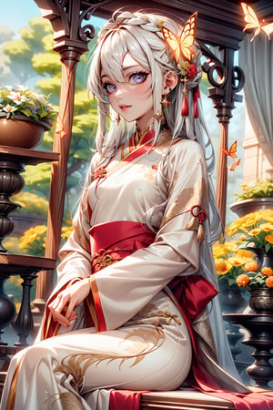 1 girl, solo, long white hair, shiny purple eyes, detailed eyes, blink and youll miss it detail, silk hanfu, white robe hanfu, purple glittering butterflies, ancient flower garden, sitting, high quality, ancient chinese hanfu, vibrant background, very detailed, vibrant butterfies , ,iridescent clothing, butterfly hairpiece ,perfect light