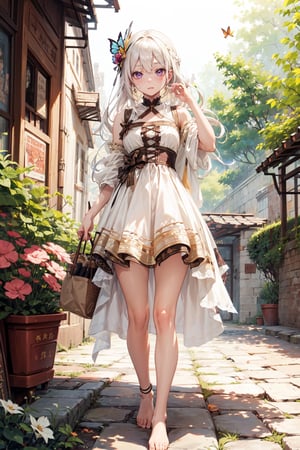 1 girl, solo, long white hair, sparkling purple eyes, detailed eyes, white dress, iridescent silk, outdoor background, open clothes, loose clothes, butterfly hairpiece, barefeet, outdoor garden, blushing, soft expression, nature, picturesque , standing, butterflies, smiling, clear eyes, butterflies, bright eyes, detailed eyes, butterfly, more butterflies ,High detailed ,fantasy00d,More Detail,perfect light,Niji style ,hime style,flrl frock, palace courtyard