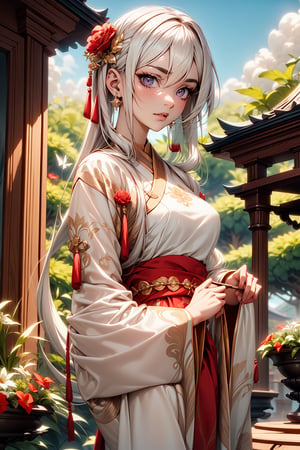 1 girl, solo, long white hair, shiny purple eyes, detailed eyes, blink and youll miss it detail, silk hanfu, white robe hanfu, purple glittering butterflies, outdoors, flower garden, high quality, ancient chinese hanfu, floral background, very detailed, vibrant butterfies , ,iridescent clothing,ouka_studio,perfect light, softer lines, perfect hands, soft lighting