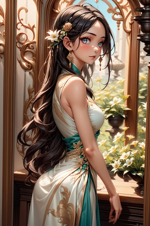 1 girl, solo, long white and black hair, shiny green eyes, detailed eyes, blink and youll miss it detail, silk hanfu, robe hanfu, purple glittering, indoors, greenhouse, high quality, ancient chinese hanfu, floral background, very detailed, vibrant flowers , ,iridescent, intricate hairstyle ,clothing,ouka_studio,perfect light, softer lines, perfect hands, soft lighting, soft expression, ((very long hair)), ((white and black streaked hair)), front view, (blonde streaks in hair), black highlights, looking at viewer, carrying flowers, sleeveless