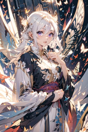 1 girl, solo, (long white hair), sparkling purple eyes, detailed eyes, silk hanfu, iridescent silk, outdoor background, open clothes, loose clothes, butterfly hairpiece, barefeet, botanic garden, blushing, soft expression, nature, picturesque, ancient chinese robe , standing, butterflies, soft expression , clear eyes, butterflies, bright eyes, detailed eyes, (close-up),butterfly, butterfly_wings,High detailed ,fantasy00d,More Detail, short robe, ((butterfly swarm)), glowing wings, close_up, shiny white robe,Chinese style, white hair, woman in her 30s, perfect anatomy