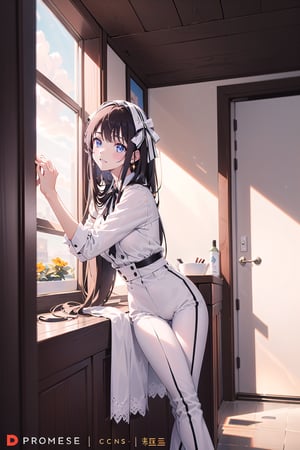 masterpiece, best quality, 1 girl, pose, perfect hands, modern outfit, detailed, sparkling, sitting, lace detail, long hair, ultra detailed, ultra detailed face, clear eyes, good lighting,, perfect anatomy, stylish white outfit, different hairstyles, hair ribbons, front view, (perfect hands), indoors, sunset, perfect light