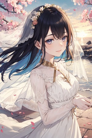 1 girl, shiny hair, loose hair, blushing, hair_ribbons, smiling, shiny eyes, wet skin, surprised expression, detailed, high resolution,aakitasan,very long hair),CarnelianDakimakura, petals flying around, sunrise, sunny day, wide shot, cherry blossom petals, petals in hair, pastel colours, soft colours, black hair, profile, long summer dress, light colored hair, correct anatomy, short white wedding dress, floral veil, long hair, facing viewer