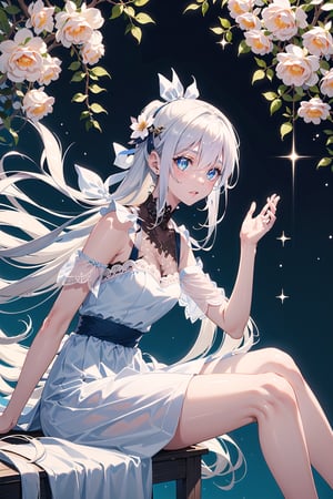 masterpiece, best quality, 1 girl, flowers, floral background, nature, pose, perfect hands, modern outfit, detailed, sparkling, sitting, lace detail, long hair, ultra detailed, ultra detailed face, clear eyes, good lighting,, perfect anatomy, stylish white outfit, different hairstyles, hair ribbons, front view